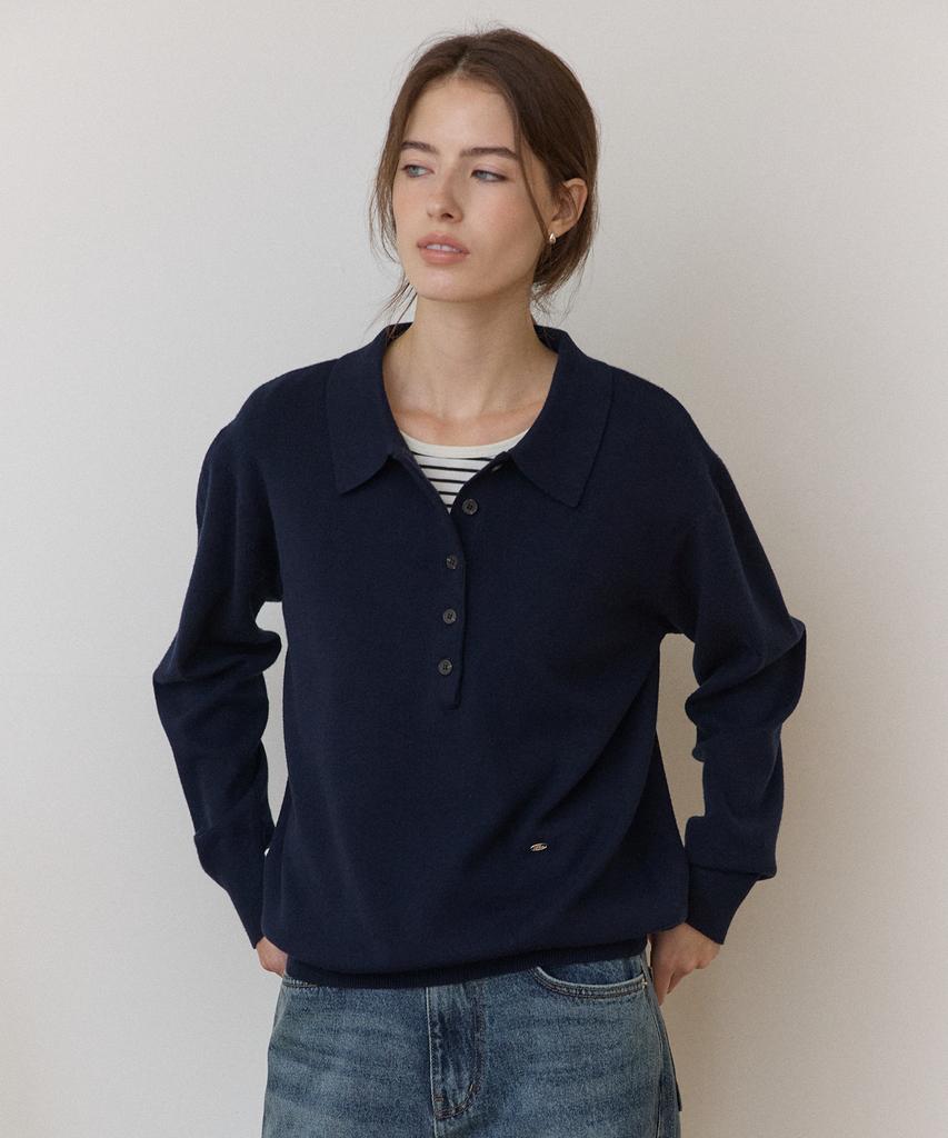 OURHOPE Essential Button Collar Knit - Navy