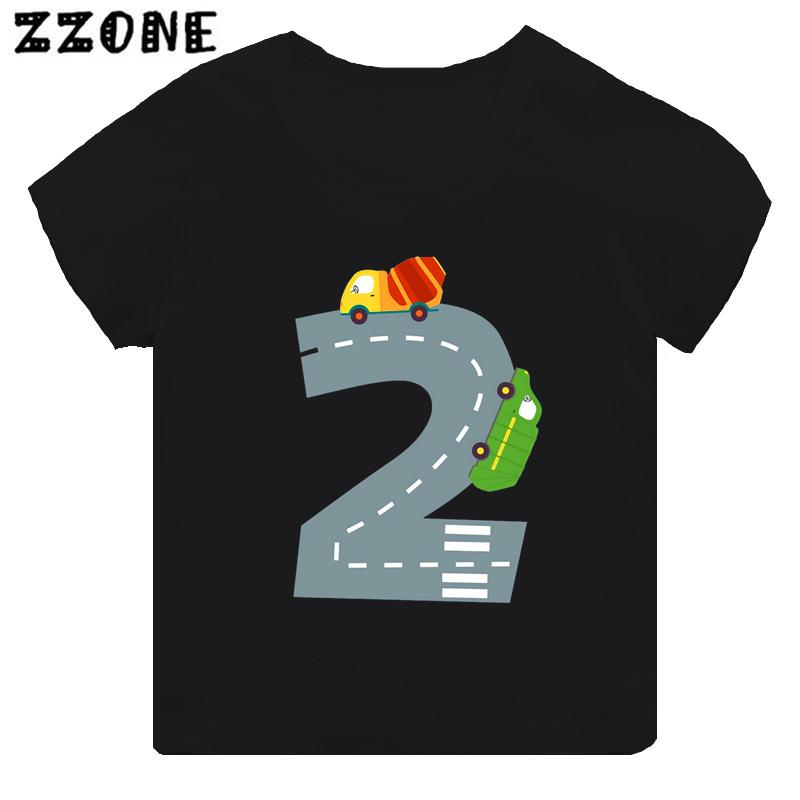 Hot Sale Different Car Print Funny Boys Clothes 1 2 3 4 5 6 7 8 9 Years Birthday Number Cartoon Kids T shirt Baby Girls TShirts