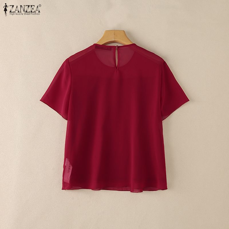 ZANZEA Women Casual Sheer Mesh Splice Round Neck Short Sleeve Blouse