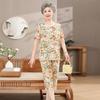 Summer Middle-aged and Elderly Female Mothers Cotton and Silk Cardigan Top Short-sleeved Cropped Pants Set Artificial Cotton Grandma Loungewear