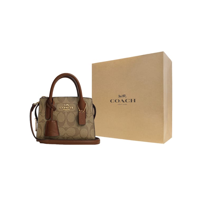 Coach Andrea Coated Canvas With Smooth Leather Tote Bag, Shopping Bag, Handbag Mini Women's Khaki CO975-IME74