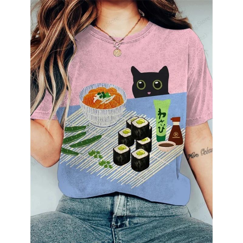 Anime Cat Samurai 3D Print Vintage Graphic T-shirt Women Fashion Casual Oversized Short Sleeve Tops Tees Ladies Clothes Animal