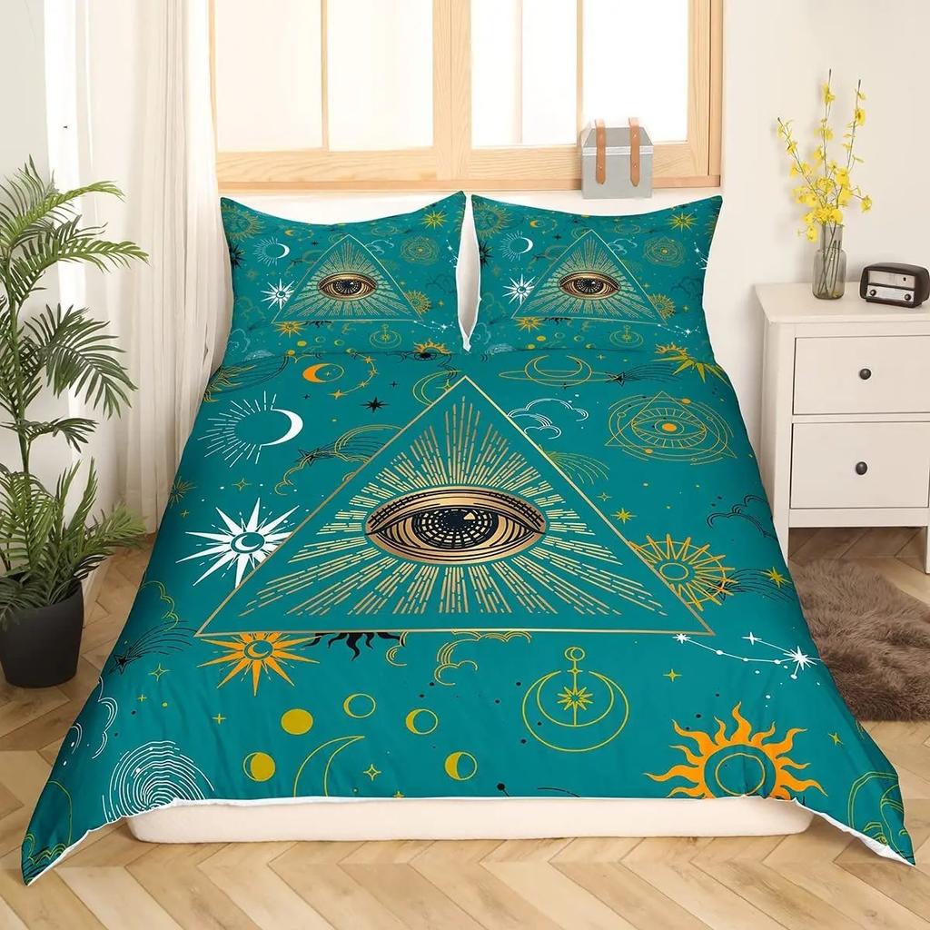 Eyes Comforter Cover Bohemian Hippie Water-Drop Duvet Cover Boho Eyes Nazar Amulet Bedding Set Mysterious Blue Eyes Quilt Cover