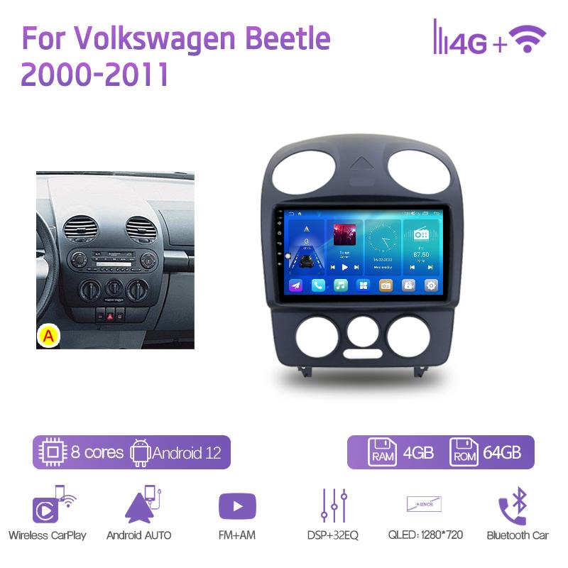 9.0Inch Car Multimedia Player For Volkswagen Beetle 2000-2011 GPS Navigation Radio Android12 8+128G 8Core CarPlay 4G 360Camera