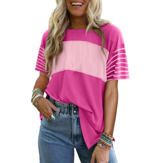 

Женская футболка с круглым вырезом, коротким рукавом, футболка с цветными блоками, свободного кроя, универсальные пуловеры, для повседневной носки S розы красного