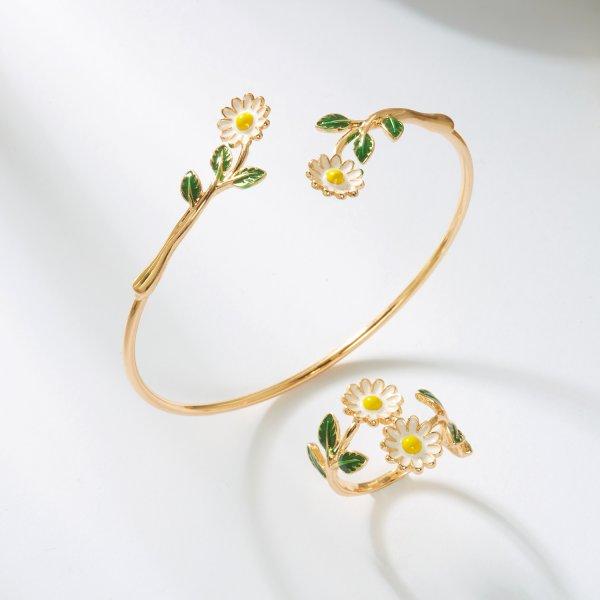 

Vintage Elegant Daisy Flower Bracelet Ring Set For Women Girls Sweet Sunflower Adjustable Cuff Bangle Finger Ring Party Jewelry