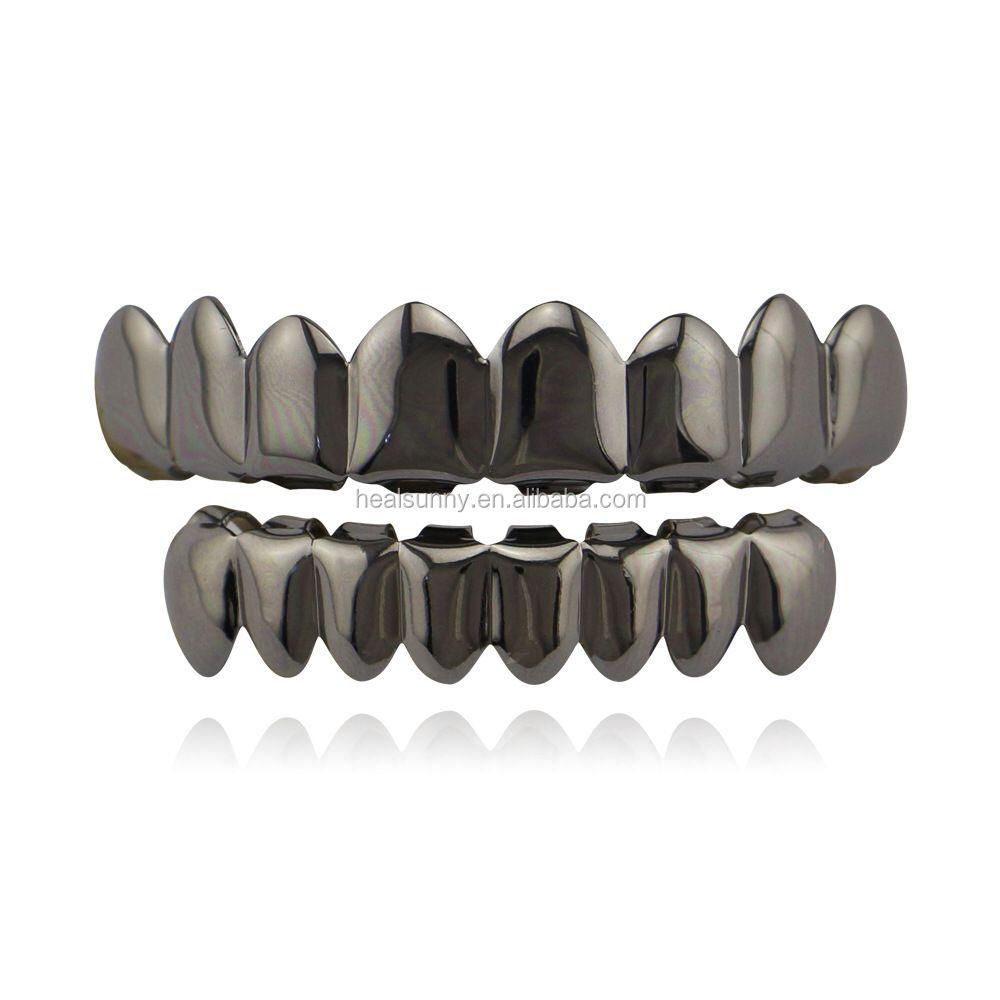 Custom Eco-friendly Gold Color Iced Rhinestones Teeth Grillz Top&Bottom Vampire Teeth Caps Hip Hop Blingbling Copper Body