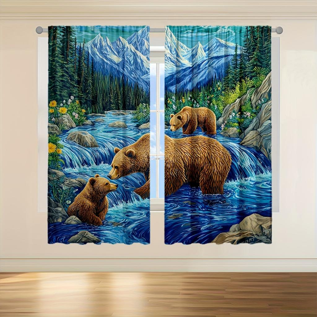 Set Of 2 Modern Scenic Bear Fishing Mountain Stream Curtains Polyester Semi Transparent Design Bedroom Livin Curtain With Rod Pocket Perfect For