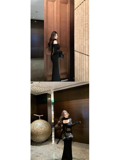 Women's Black One-Shoulder Lace Patchwork Long Sleeve Bodycon Dress for Spring/Autumn