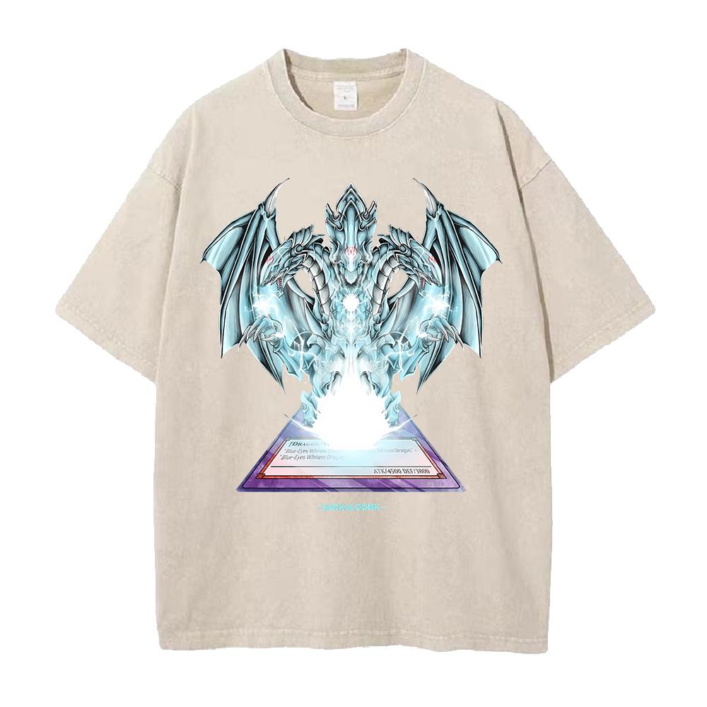 Anime YuGiOh Tshirt BlueEyes White Dragon Washed Yk T Shirt Mens Clothing Summer Short Sleeve Loose Cotton Soft Tees Tops