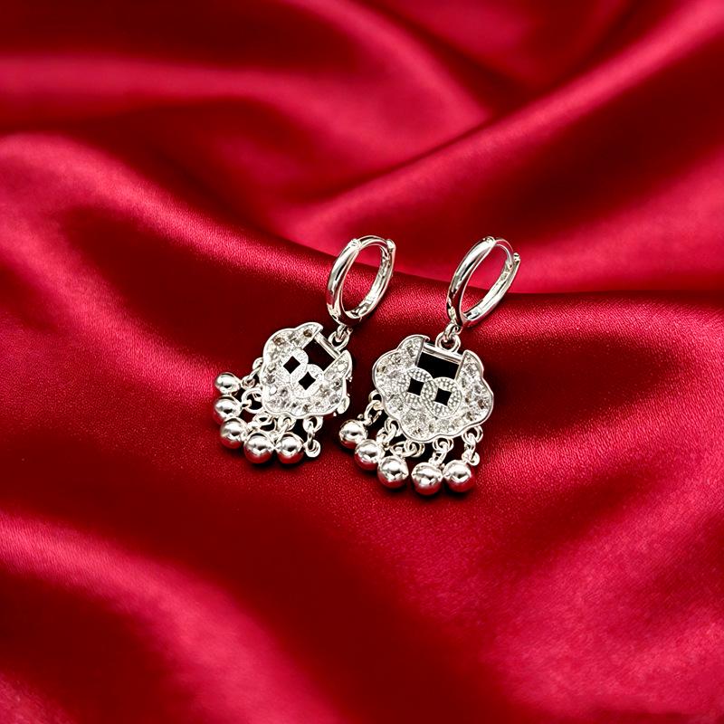 Elegant 999 Sterling Silver Peace Lock Earrings for Women - Light Luxury, Wealth-Attracting, Niche Design with Earring Backs, Perfect Gift