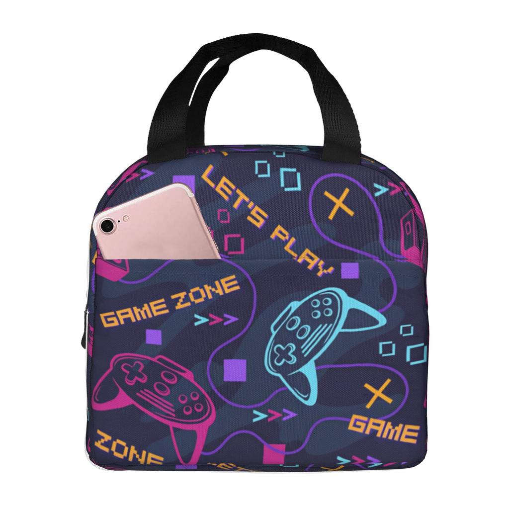 Featuring Neon Game Joystick Controllers Lunch Bag Women Geometric Thermal Cooler Insulated Lunch Boxes for Adult Office