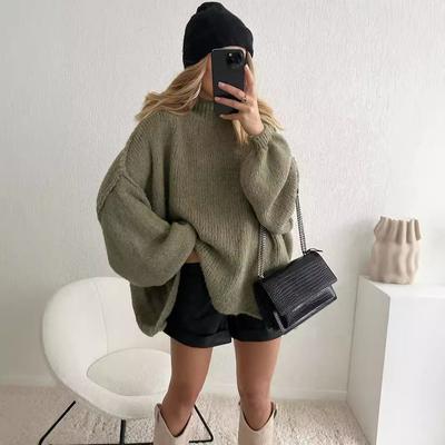Damen Oversized Pullover Herbst Outfits Lässig Trendig Rundhals Rippstrick Pullover Tops für Damen Flauschiger Langarm Pullover Lockere Passform Pullover Pullover