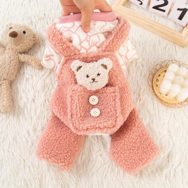 Winter Thickened Sherpa Overalls for Small Pets Dog Cat Double-Layered Thermal Coat with Bear Pocket Puppy Clothes