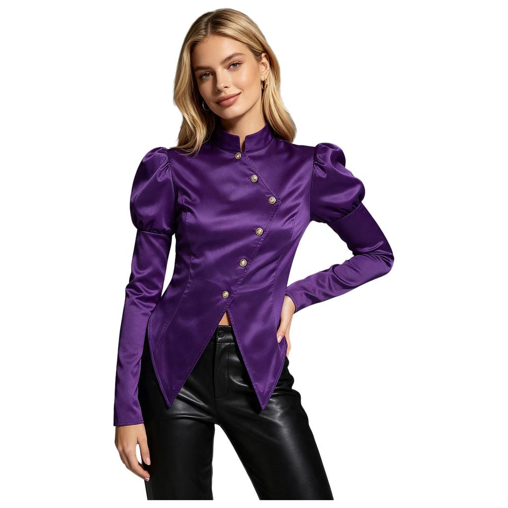Women Victorian Blazer Stand Collar Long Puff Sleeves Button Satin Jacket Asymmetrical Blouse for Office Business Casual Theme Party