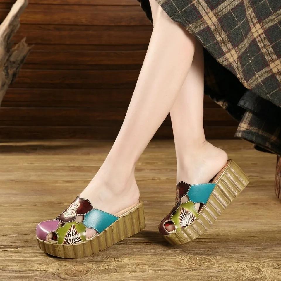 Fashion GKTINOO 2025 Wedge Slides Shoes Women Cover Toes High Heels Flower Sandals Summer Female Genuine Leather Platform Slippers