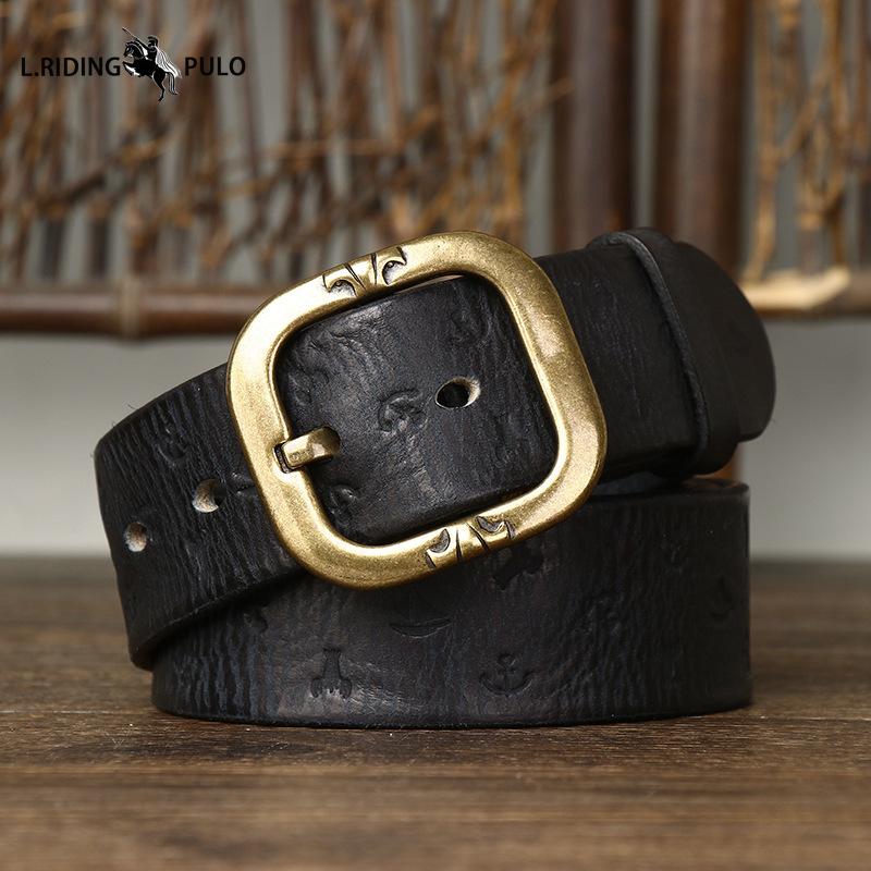 Korean Style Personalized Machine Embossed Vegetable Tanned Belt Men's Genuine Leather Pure Cowhide Pin Buckle Belt
