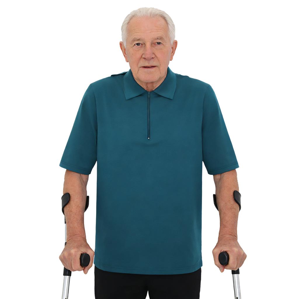 Mens Alzheimer Care T-Shirt Open Back Overlap Short Sleeve Lapel Zipper Neck Adaptive Top
