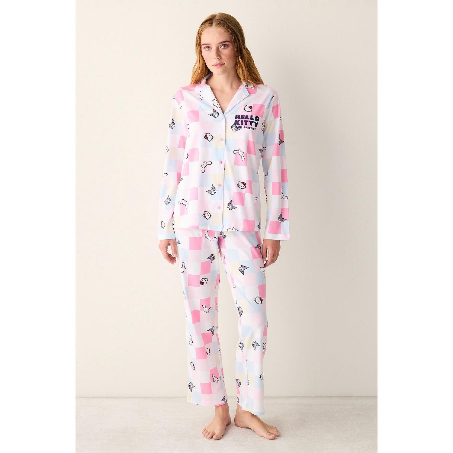 

Sanrio Gingham Белая рубашка на пуговицах, брюки, пижамный комплект M белый