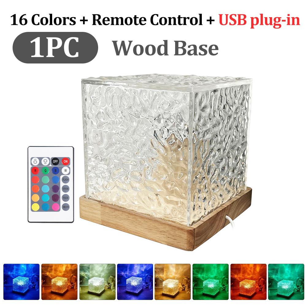 

Ночной светильник Water Ripple Cube с вращающейся водяной волной, пульт дистанционного управления, 16 цветов, светодиодная настольная лампа с кристаллами для прикроватной тумбочки