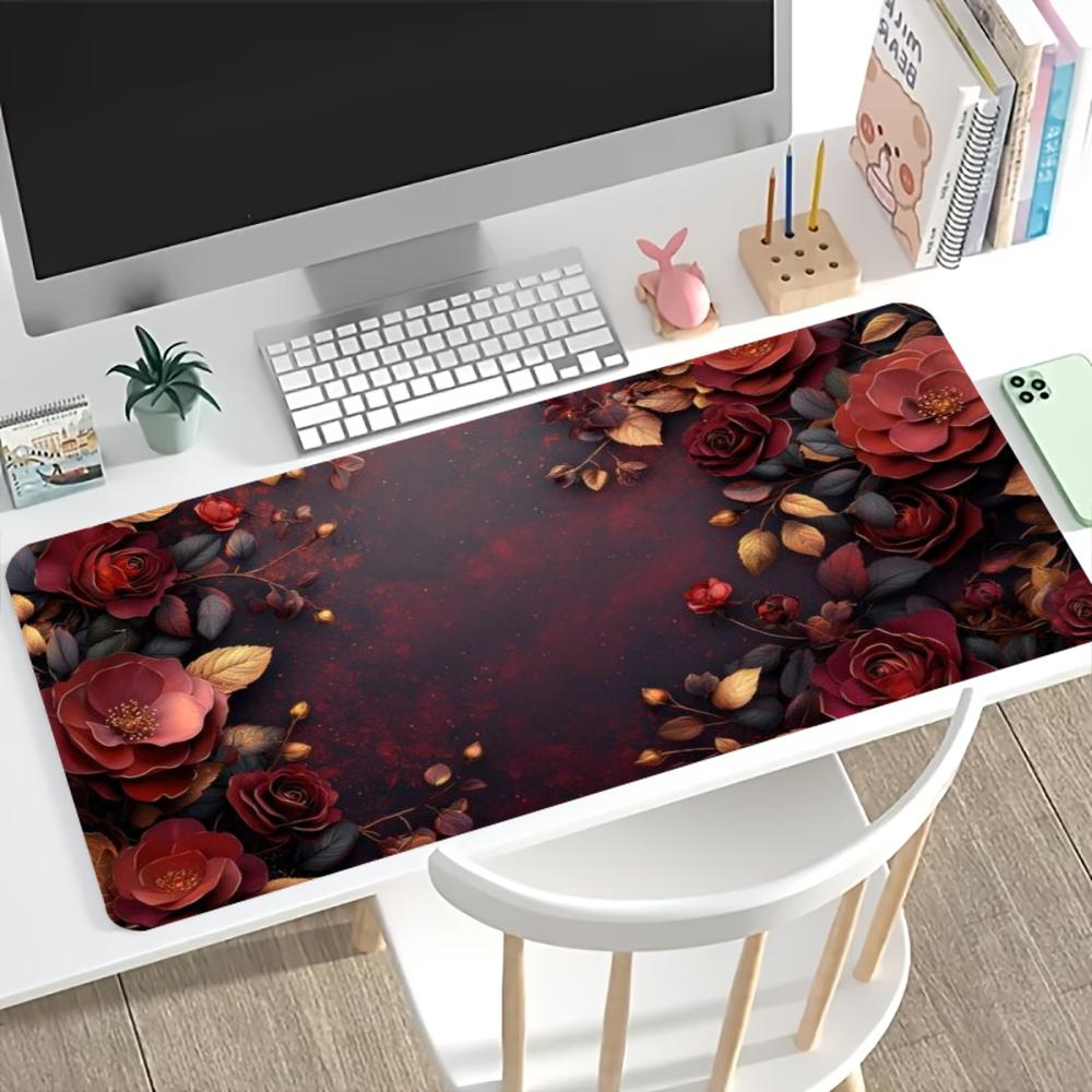 Vintage Gold Floral Large Desk Mat Non Slip Gaming Mouse Pad Stitched Edge Retro Keyboard Mat For Pc Laptop Office Stationery