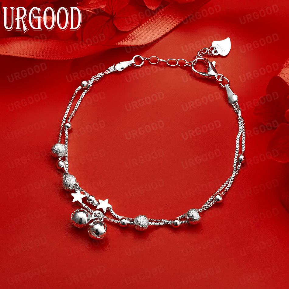 925 Sterling Silver Bell Five-Pointed Star Side Chain Exquisite Bracelet Gift Jewelry 20CM