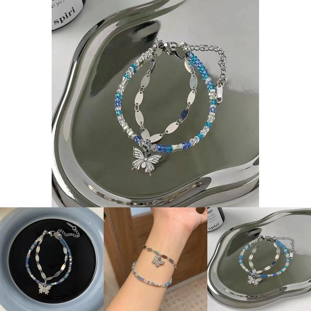 Stylish Double Layer Butterfly Bracelet For Women With Blue Crystal Beads