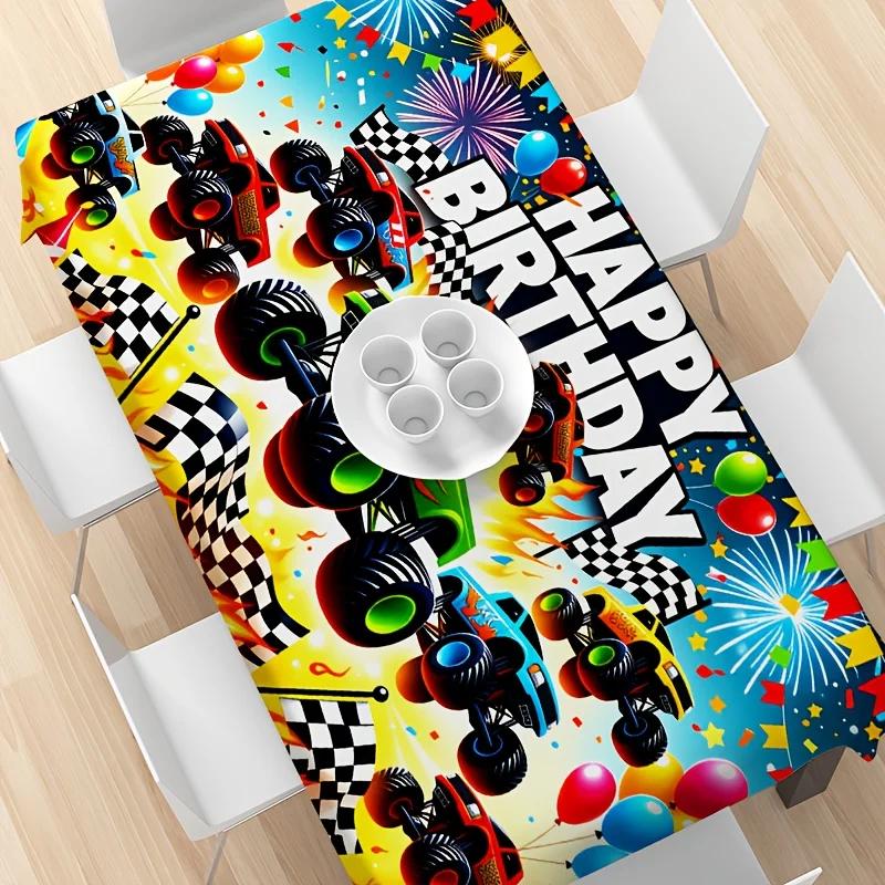 1 Stück Geburtstagsparty-Tischdecke, Monster-Truck-Thema, Rechteckige Polyester-Tischdecke.PMJ