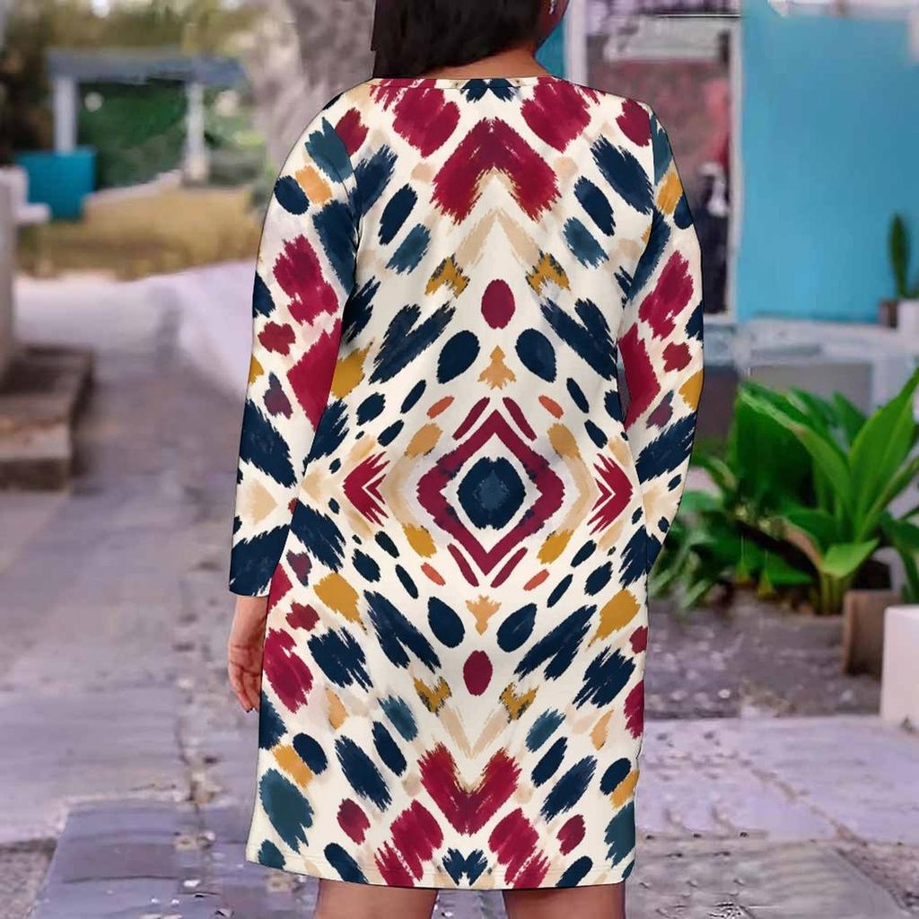 Women Plus Size V Neck Long Sleeve Geometric Printed Fitted Knee Length Dress