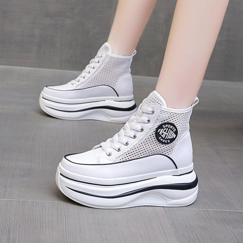 

Модные женские летние ботильоны на платформе, новые дышащие сетчатые массивные кроссовки, модные женские туфли на высоком каблуке 7 см, элегантные полые ботинки со шнуровкой 39 белый