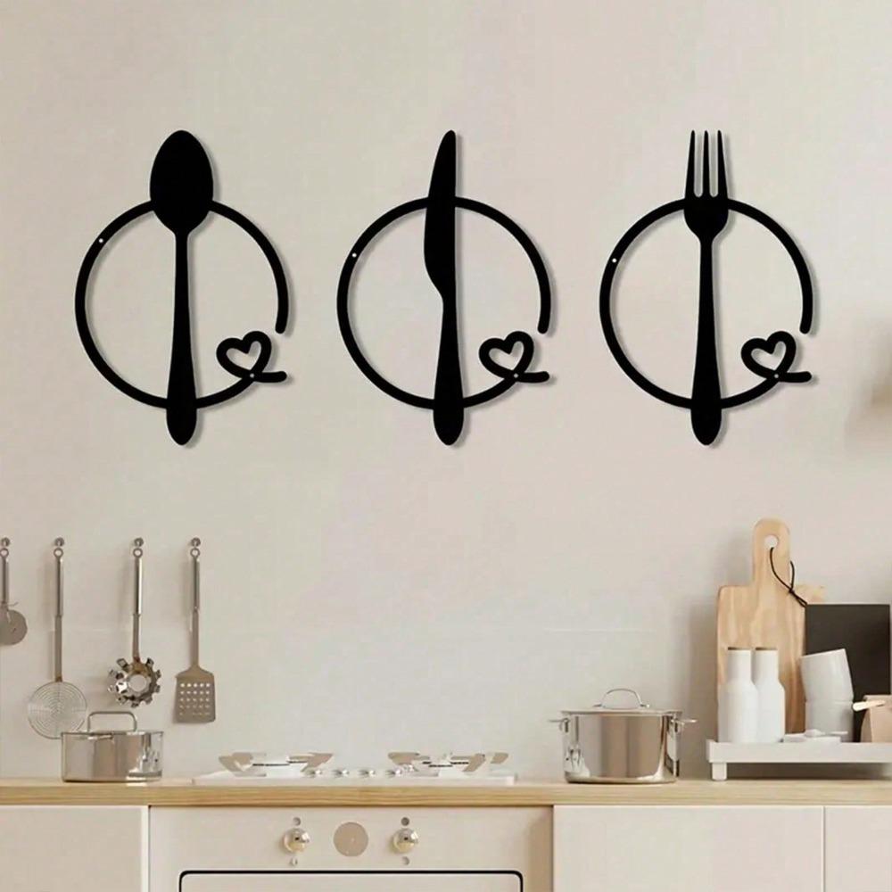 3-teiliges minimalistisches Metall-Wandkunst-Set - Gabel-, Löffel-, Messer-Design | Geeignet für Zuhause, Wohnzimmer, Büro, Küche