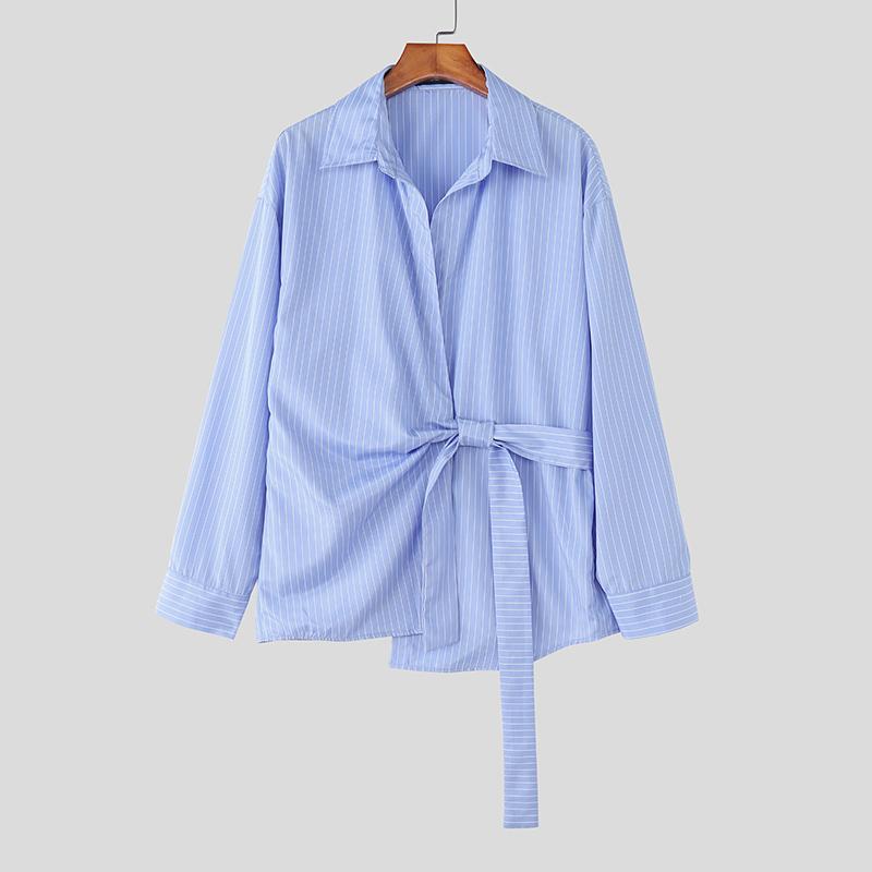 INCERUN Men Spring Turn Down Collar Long Sleeve Side Twisted Striped Print Shirts Tops