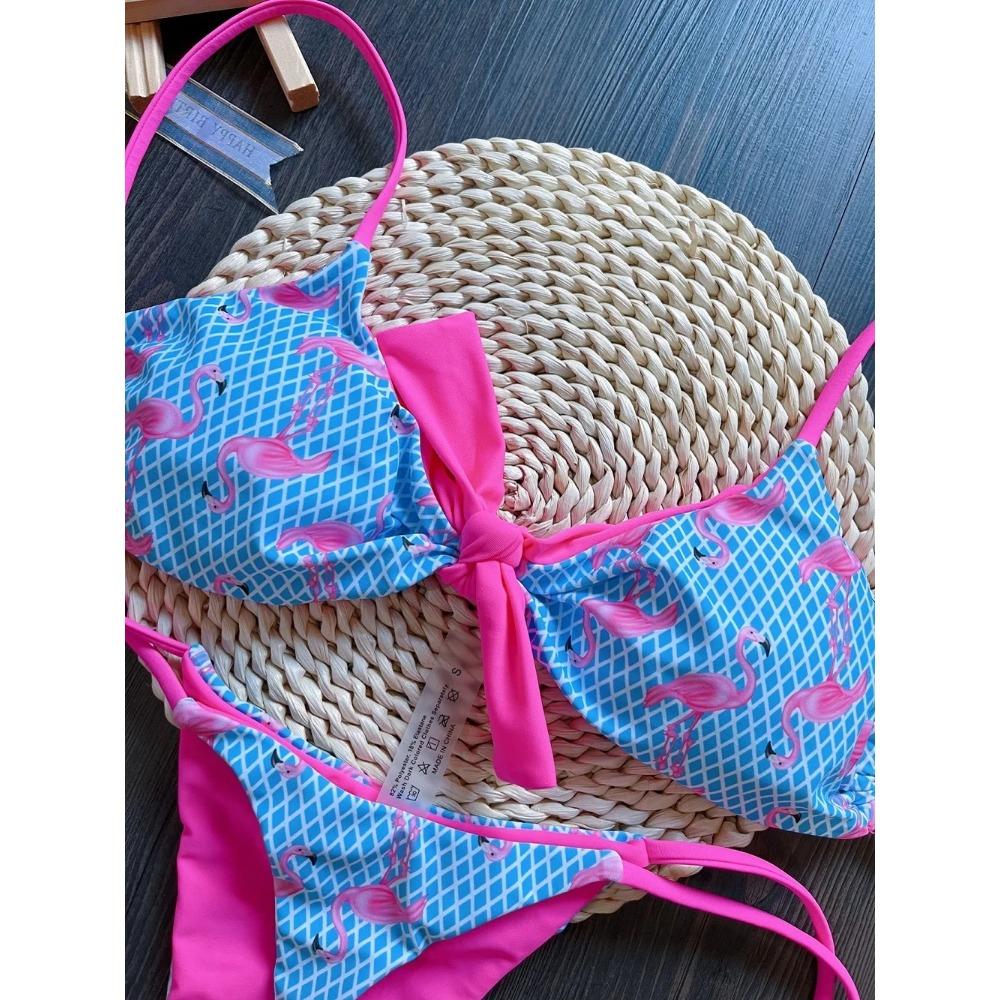Sexy Grid Flamingo Print Swimsuit Woman 2026 New Two-Piece Swimwear Push Up Thongs Bikinis Set Bathing Suit Biquini