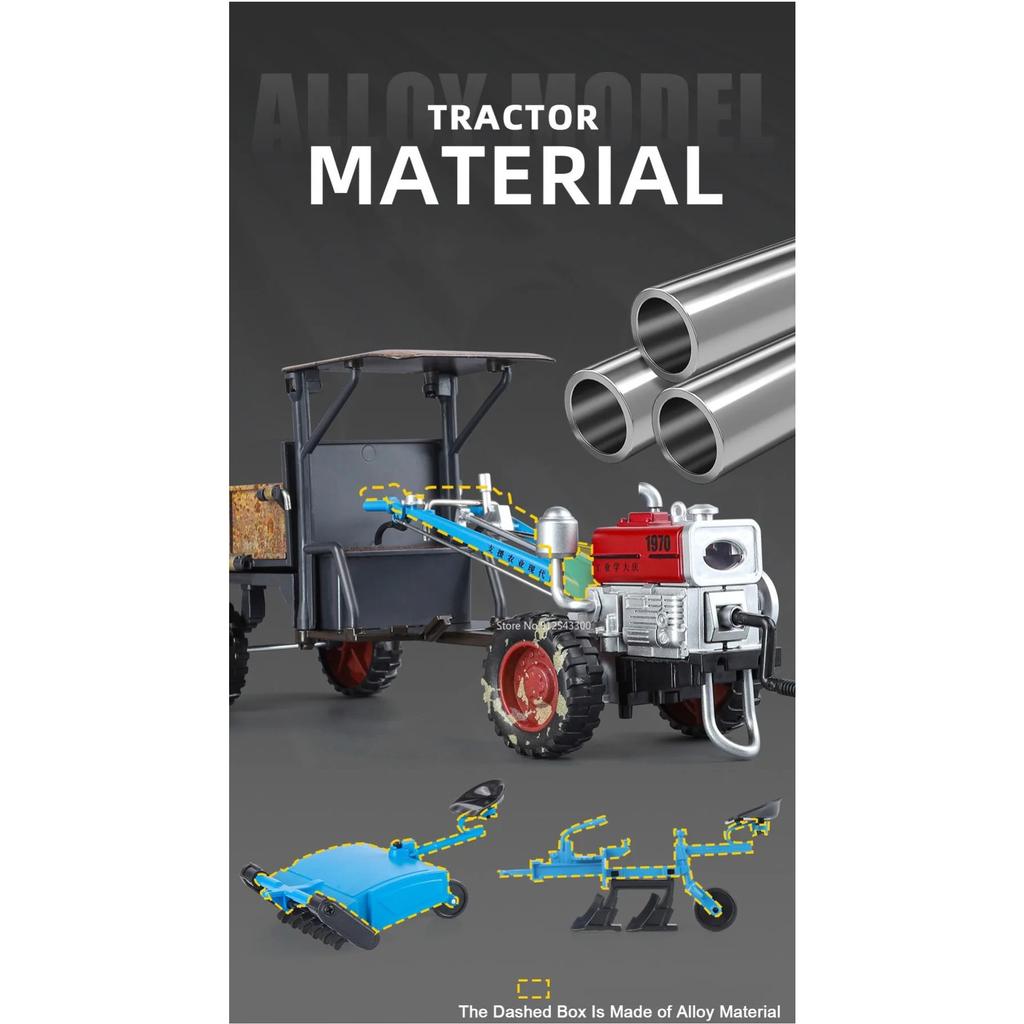 1/24 Agricultural Walking Tractor Toy Model Sound Light Alloy Diecast Retro Variable Engineering Vehicles Collection Gifts