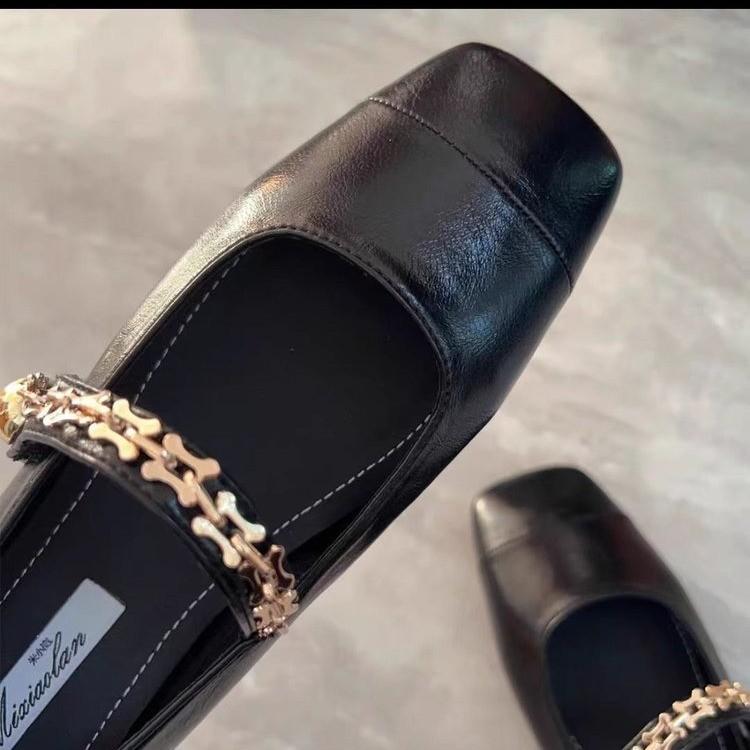 One-word Buckle Brown Single Shoes Women's New Spring and Autumn Flat Shoes Square Head Mary Jane Women's Shoes