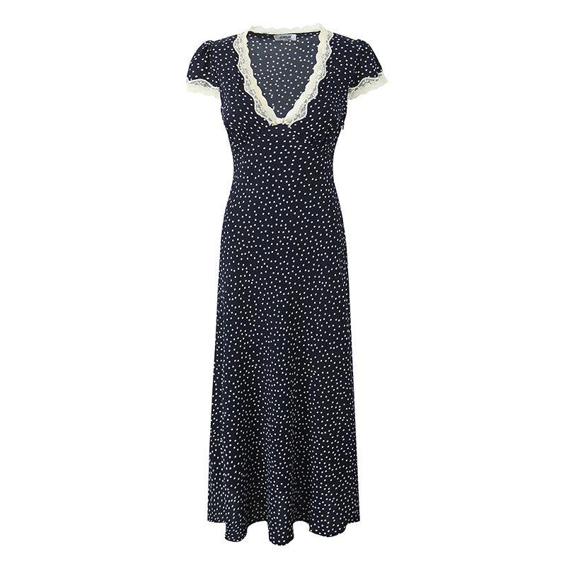 

Summer in Seattle French Style Retro Gentle Lace Lace Polka-Dot Long Dress V Neck Elegant Short Sleeve Dress Women Navy blue Polo Dot Skirt L