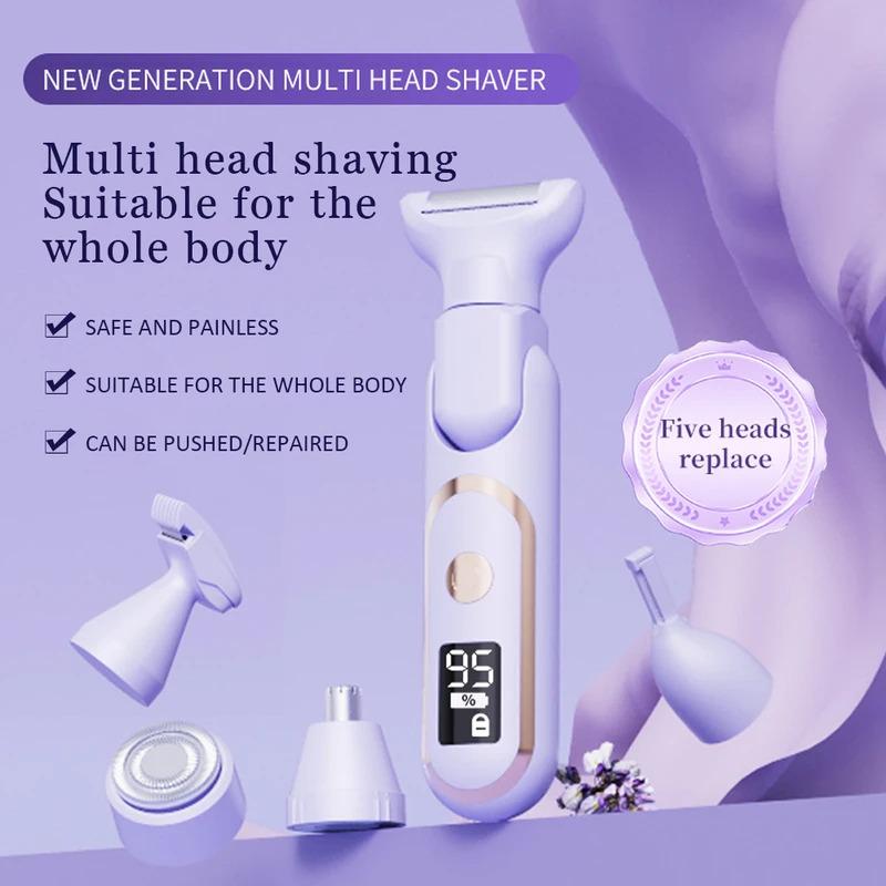 Afeitadora eléctrica 5 en 1 para mujer, afeitadora corporal, recortadora de vello para axilas, bikini, brazos, piernas, rostro y bigote, portátil, indolora.