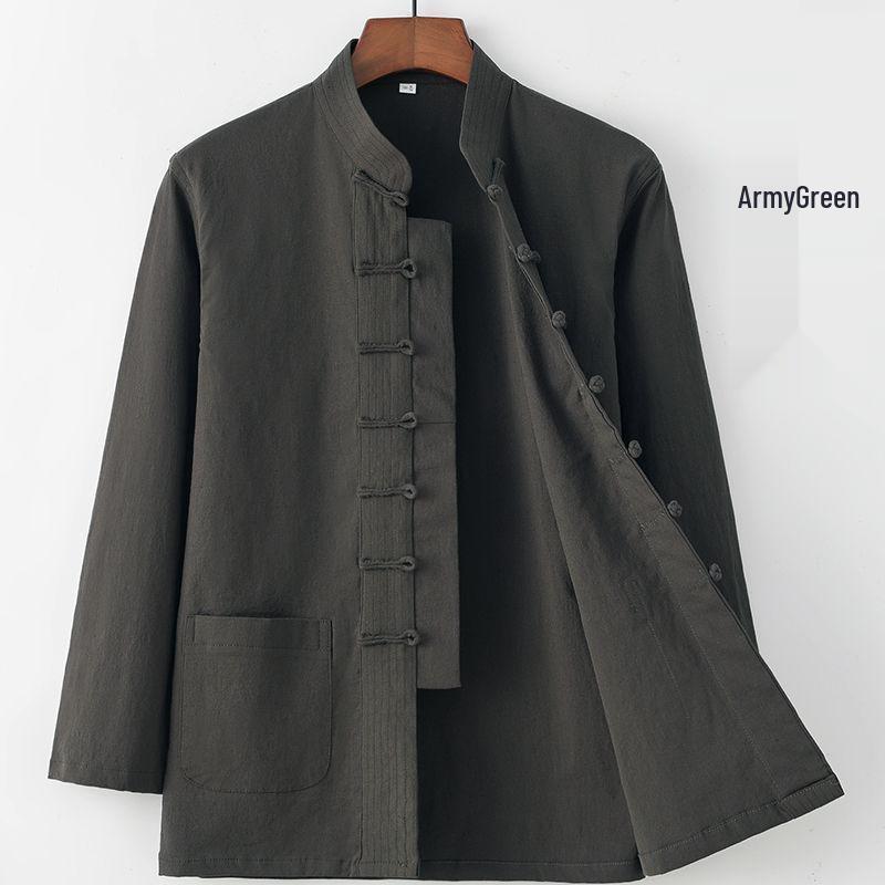 Men's Retro Tang Suit: Stretch Cotton Shirt with Stand Collar & Frog Button