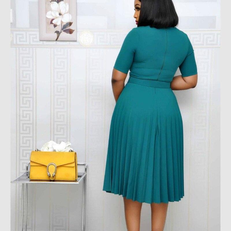Damen Lässiges Plissee-Kleid Sommer Damen Kurzarm O-Ausschnitt Grüne Midi-Kleider
