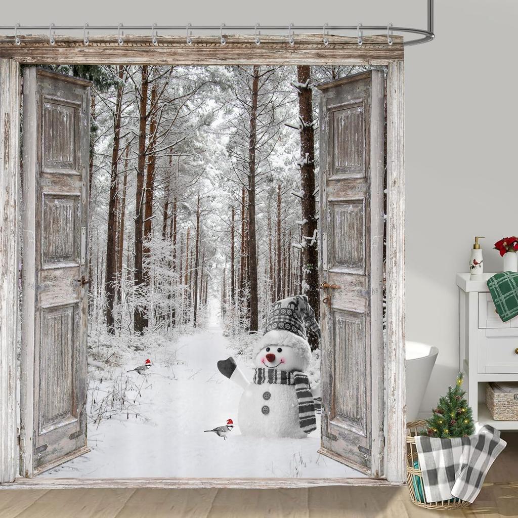 Winter Weihnachten Duschvorhang, Niedlicher Schneemann Winterwald Kiefer Szene Duschvorhang Für Badezimmer Rustikales Bauernhaus Weihnachten