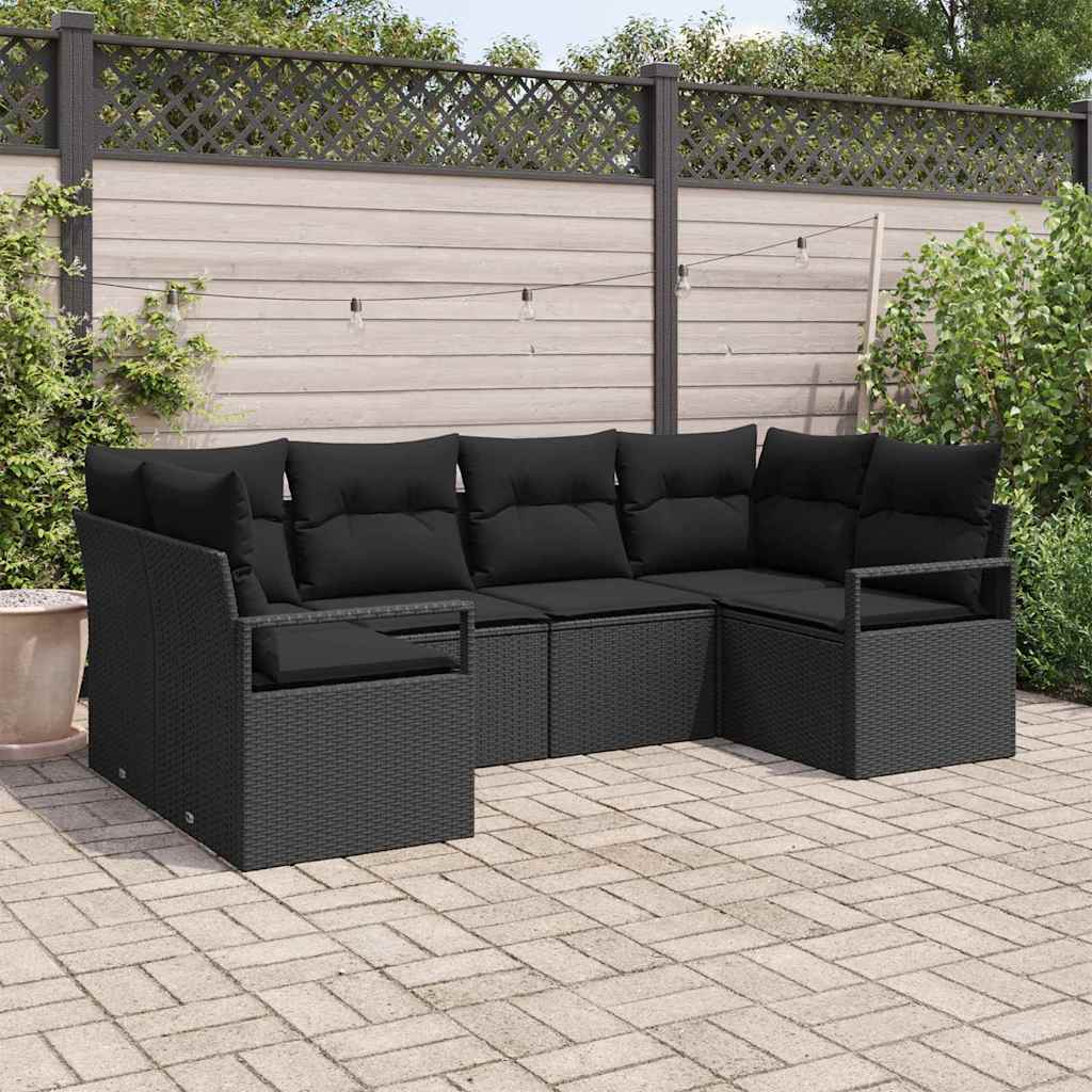 6 Piece Sofa Set with Cushions Black Poly Rattan