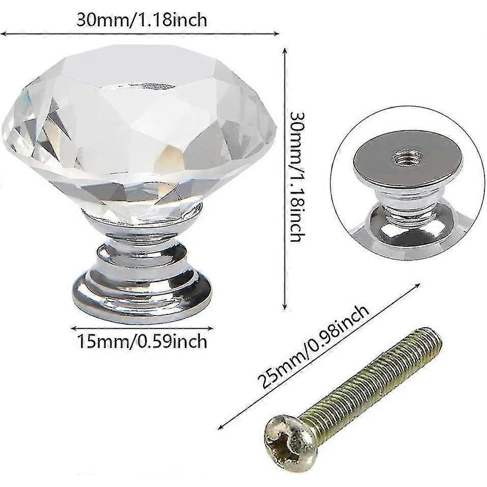 30mm Crystal Door Knobs With Screws. Set Of 6 Cabinet Knobs In Clear Crystal - PR