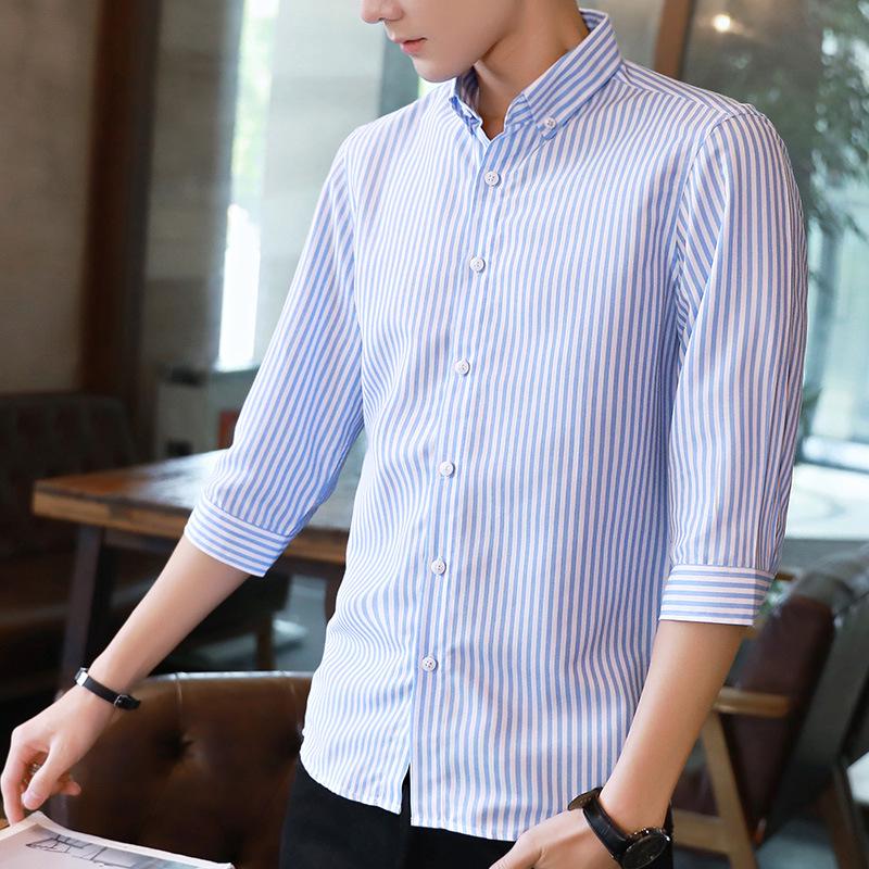 Men's Slim-Fit Striped Shirt: Japanese Style, Seven-Sleeve, Urban Casual for Spring and Autumn