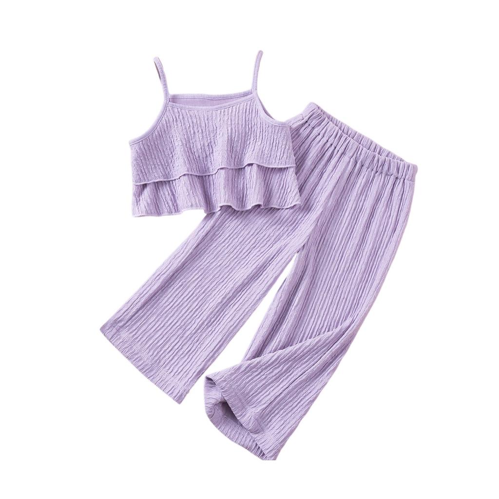 Girls' Off-Shoulder Set - Solid Color Top & Wide Leg Pants