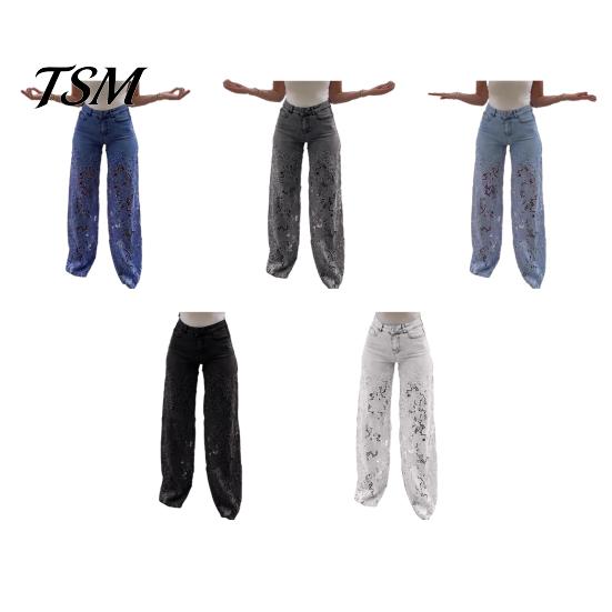 Jeans Versatili da Donna Patchwork di Pizzo da Donna Borsa Casual Ampia Gamba Dritta Larga Spandex per Pantaloni in Denim Vita Media Floreale Traforato Flessibile