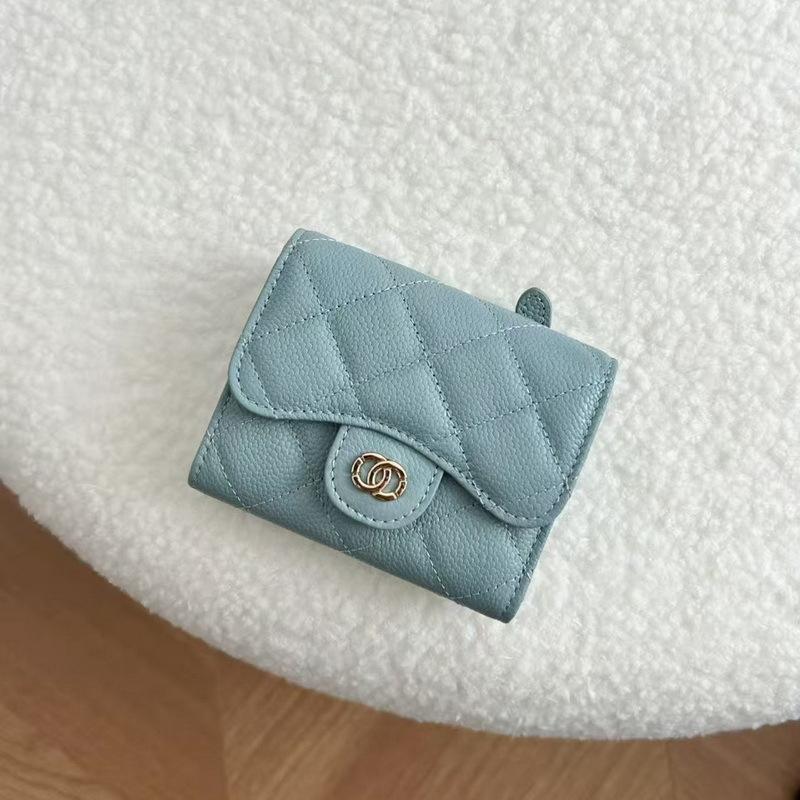 2026 New Caviar Patterned Cowhide Long Three Fold Wallet Hand-held Bag Chain Strap Crossbody Genuine Leather Women's