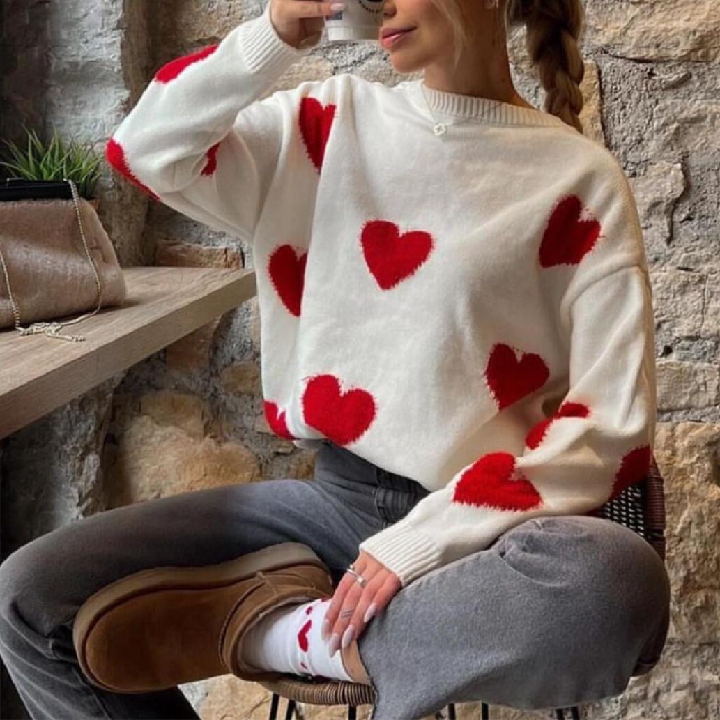

Love jacquard crew neck autumn and winter sweater women s loose casual thickened top knitted sweater S