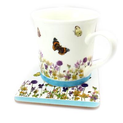 [R2156] - Estuche Taza de porcelana 'Mariposas Románticas' ( + posavasos) - 95x80mm