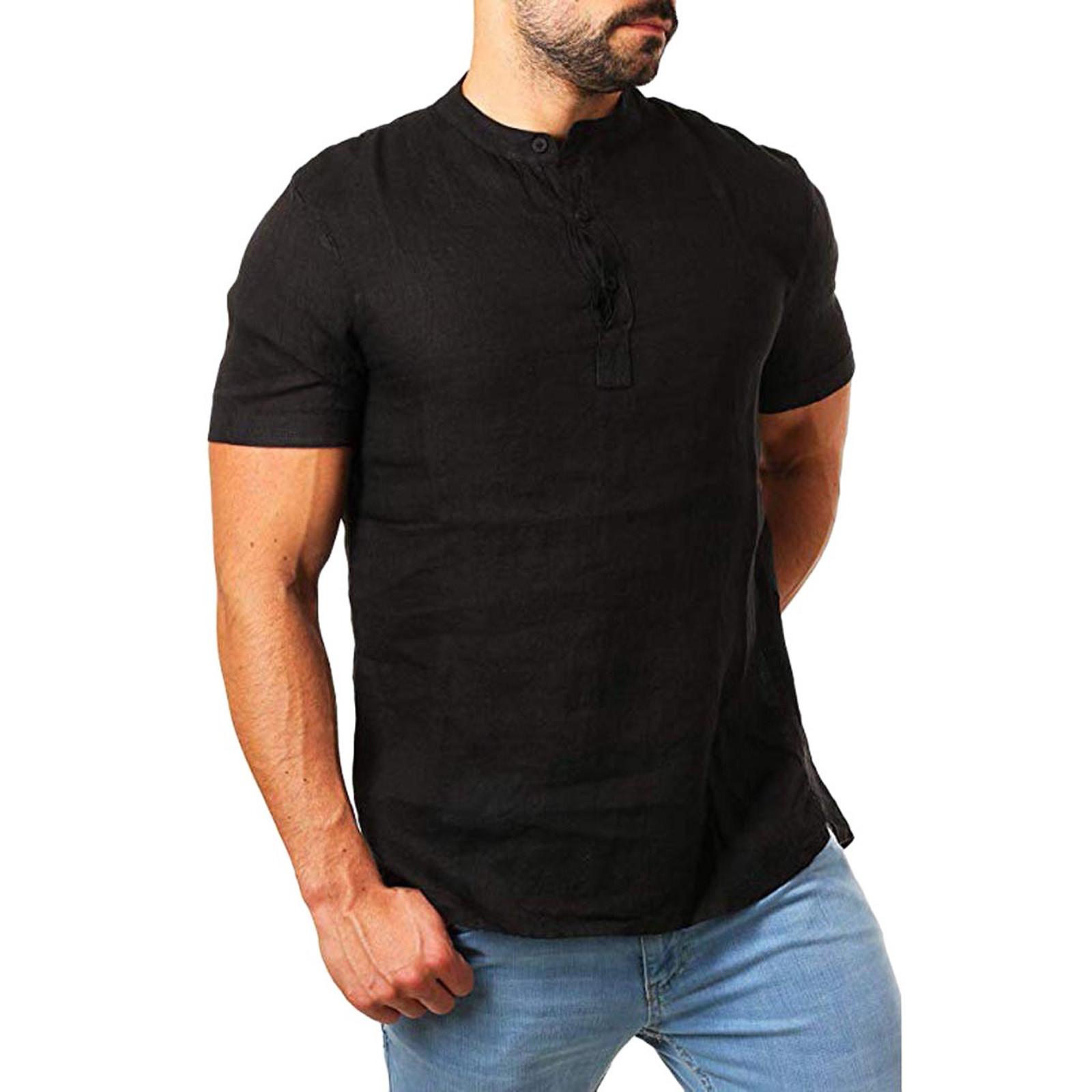 

Men Breath Short Sleeve Slim Linen Shirts Male Casual Business Fit Blouse M чорний