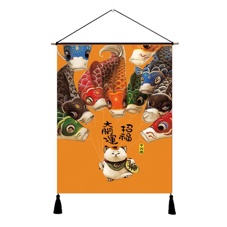 Japanese Lucky Cat Fabric Hanging Flag, Izakaya Hotel Home Wall Decor Banner